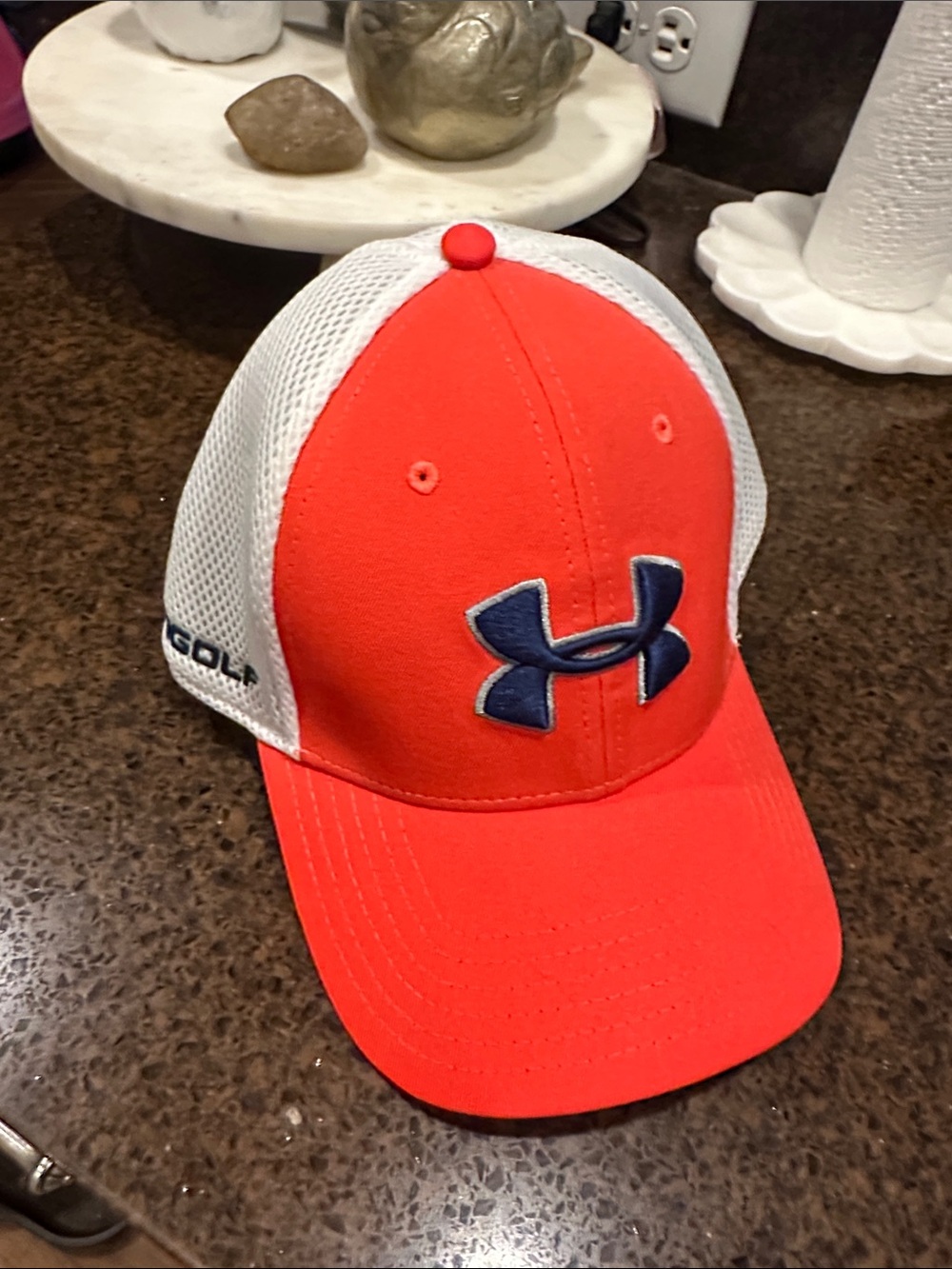 Under Armour Bright Orange and White Mesh Golf Cap with Navy Logo